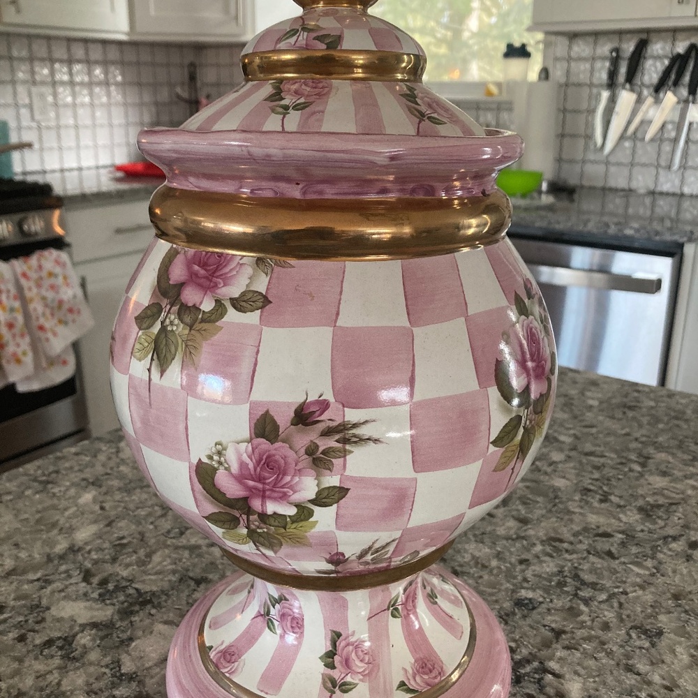 MacKenzie-Childs Rare Pattern Canister (IMPERFECT LID! )  Rose Petal Design